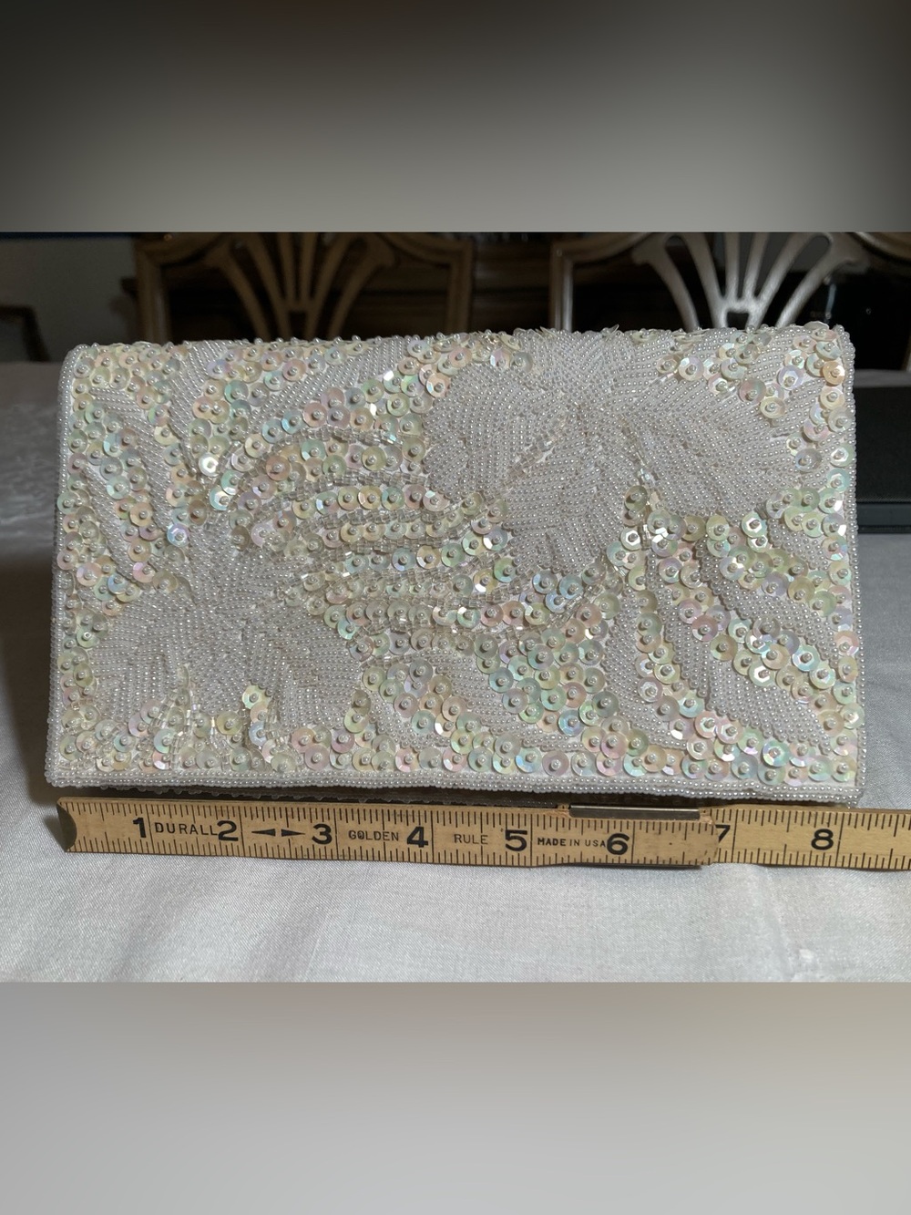 Vintage Genie Beaded Evening Bag with Iridescent Sequin Clutch Silver Chain